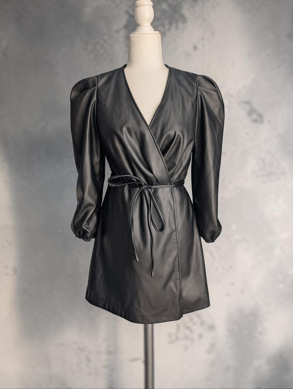 Black Faux Leather Wrap Dress